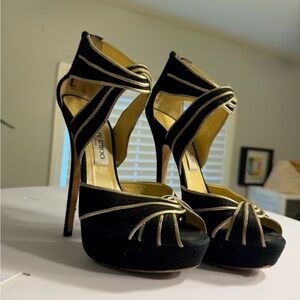 Jimmy Choo Black and Gold Strappy Heels